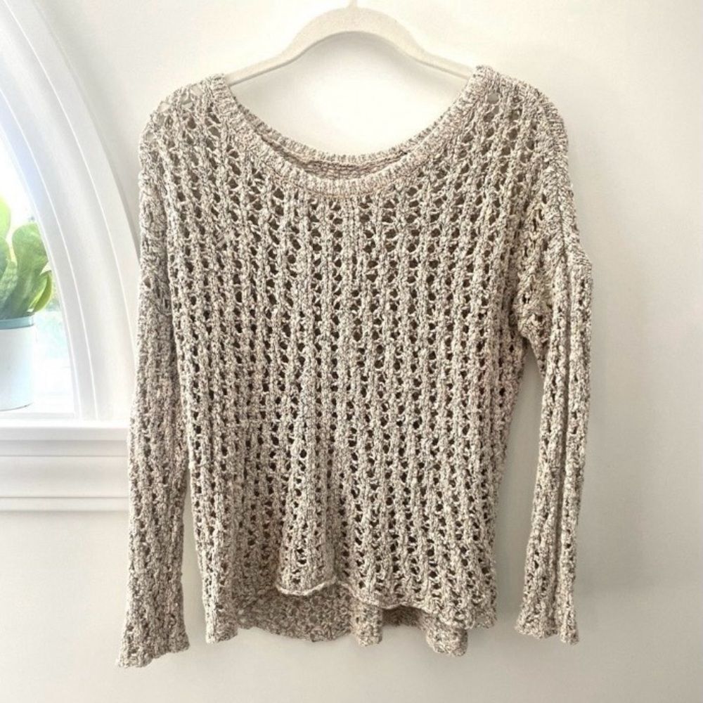 American Eagle Open Knit Crochet Beige Pullover Sweater Womens Small Beach Boho